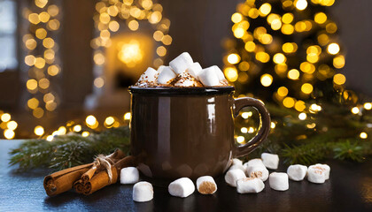 hot cocoa with marshmallows cup standing on a wooden table in home with a blurred Christmas tree in the background. Mockup background with empty space for text, presentation product. Generative AI