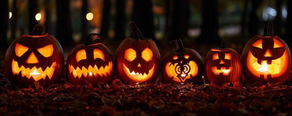 Row of illuminated jack, lanterns with different expressions on forest ground at night.