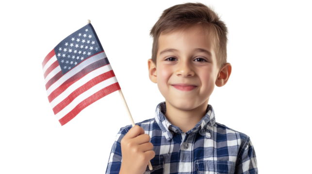 A positive smiling boy holding the American flag isolated on a transparent background