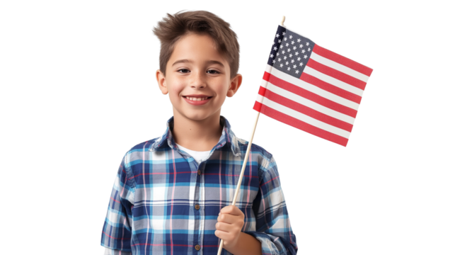 A positive smiling boy holding the American flag isolated on a transparent background
