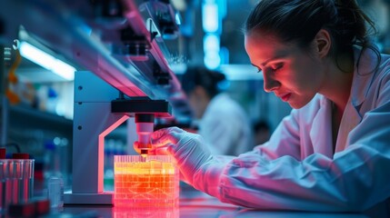 Scientists in a biotech lab working with 3D bioprinting technology to create tissue models