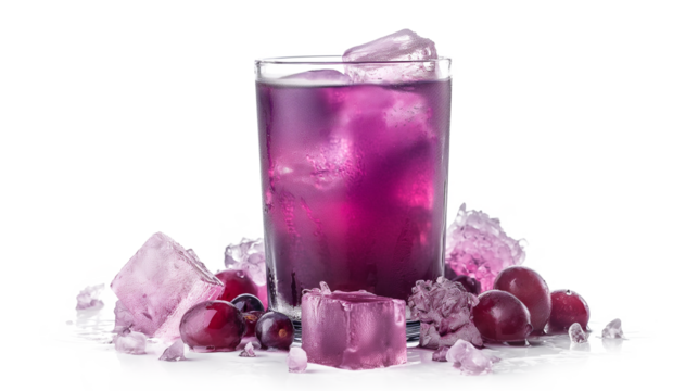 Refreshing Purple Grape Drink with Ice Cube isolated on a transparent background
