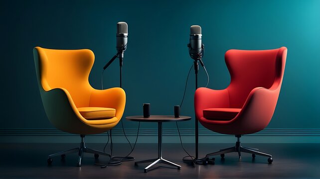  Two chairs and microphones in podcast or interview room isolated on dark background designs as a wide banner for media conversations or podcast streamers concepts with copy space design. 