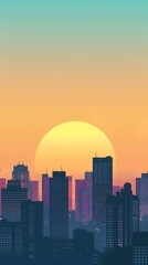 Fototapeta premium Cityscape in warm colors with a focus on the sunset and its reflection on the water. The image has a minimalist style and a limited color palette.