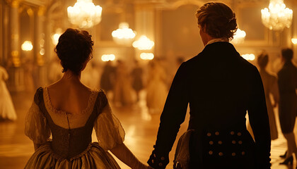 gentleman and lady in 18th century outfits walk hand in hand towards blurry couples dancing waltz