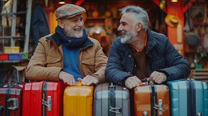 Senior LGBTQ couple packing suitcases for a vacation, smiling and chatting