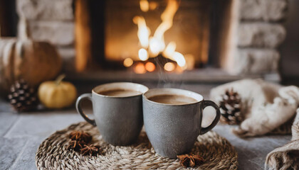 two coffee or tea standing on a wooden table in a cafe with a blurred interior with fireplace in the background. Mockup background with empty space for text, presentation product. Generative AI.