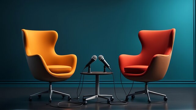  Two chairs and microphones in podcast or interview room isolated on dark background designs as a wide banner for media conversations or podcast streamers concepts with copy space design. 