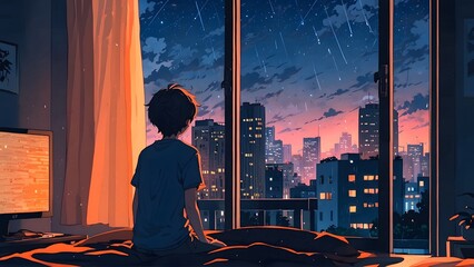 A boy looking out of his bedroom window, evening time, sad lofi theme