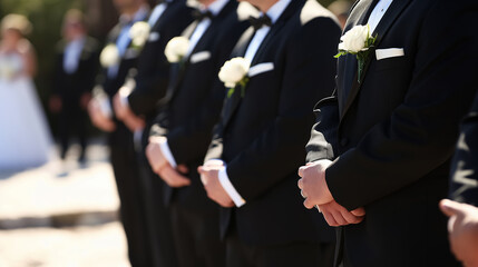 Row of groomsmen dressed in black tuxedos with white boutonnieres, standing in line at an outdoor wedding ceremony, with a bride in the background.