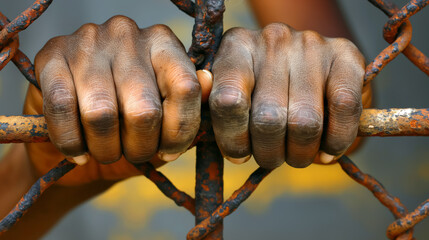 Close-up of hands gripping rusty metal bars, conveying a sense of confinement or imprisonment, with the hands appearing worn and weathered.