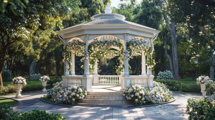 Elegant wedding gazebo adorned with white flowers amidst lush greenery. Perfect for outdoor ceremonies and romantic garden events.