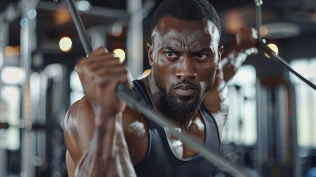 Focused athletic man working out with cable machine at gym. Intense fitness training and determination for bodybuilding and strength.
