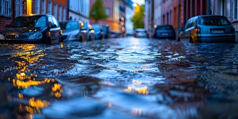 European City Street Flooded: Urgent Need for Insurance Coverage. Concept Insurance Claim, Flooding Damage, European City, Emergency Assistance, Insurance Coverage