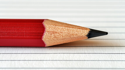 Red pencil with a sharp tip lies on a lined notebook, ready for writing or drawing, symbolizing creativity and readiness. - Powered by Adobe