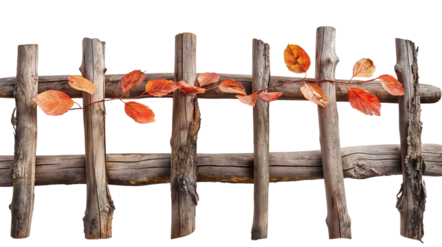 Rustic Wooden Fence with Autumn Leaves isolated on a transparent background - Powered by Adobe