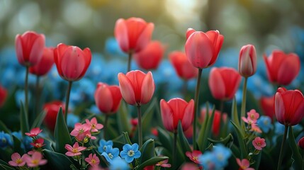 Obraz premium Bright spring brings colorful tulips blooming in a beautiful garden