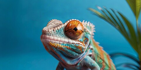Potrait illustration of a cute chameleon wearing glasses to welcome the summer holidays on a blue background