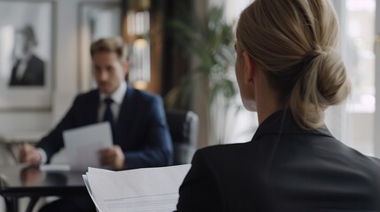 Fototapeta premium rear view of businesswoman sitting at table in office and looking at colleague going over paperwork