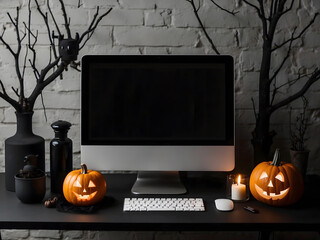 Dark working space in Halloween theme decor with white desktop computer mockup design.