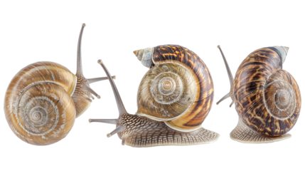 Snail, many angles, and view portrait side back head shot isolated on a transparent background