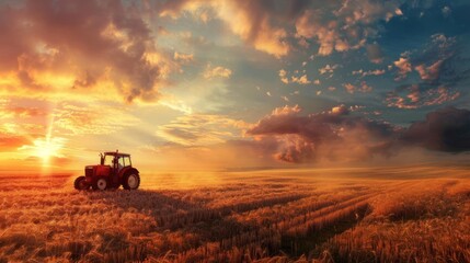 Fototapeta premium Farm Tractor Passes Over Grass Field During Sunset