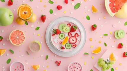A vibrant flat lay of fresh fruits and a bowl of fruit salad on a pastel background