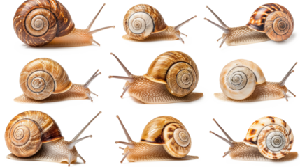 Snail, many angles, and view portrait side back head shot isolated on a transparent background
