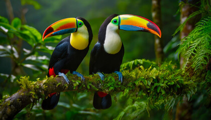 Two toucans sitting together on a tree branch in a tropical forest. Generative AI.