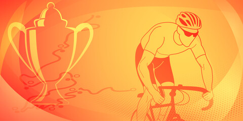 Cycling themed background in the colors of the national flag of Spain, with sport symbols such as an athlete cyclist, cup and a bike race route, as well as abstract curves and dots