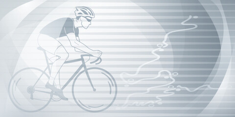 Cycling themed background in gray colors with sport symbols such as an athlete cyclist and a bike race route, as well as abstract curves and lines