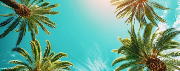 Lush green palm trees against bright blue sky with sunlight streaming through, perfect for tropical vacation themes or summer promotions
