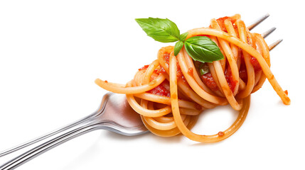 Tasty pasta with tomato sauce and basil on fork isolated on a transparent background