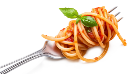 Tasty pasta with tomato sauce and basil on fork isolated on a transparent background