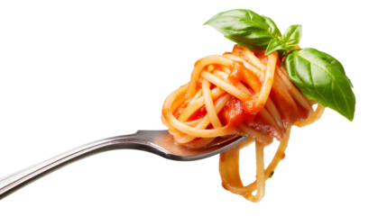 Tasty pasta with tomato sauce and basil on fork isolated on a transparent background