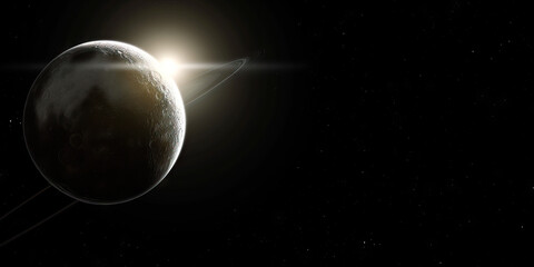 Obraz premium A dwarf planet, its surface eternally lit by a single, steady sun, gleams softly against the infinite blackness.