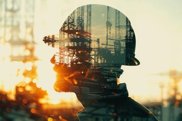Double exposure of a construction worker with safety helmet and construction site background at sunrise, symbolizing hard work and industrial growth.