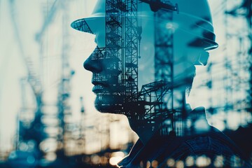 Double exposure of a construction worker with a hard hat and cranes. Conceptual imagery for industry and development.