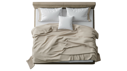 Top view of double bed with headboard isolated on a transparent background