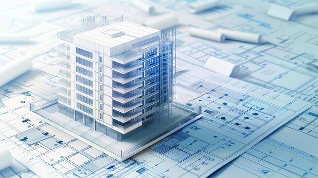 digital construction building information modeling bim concept with 3d model and blueprints vector illustration
