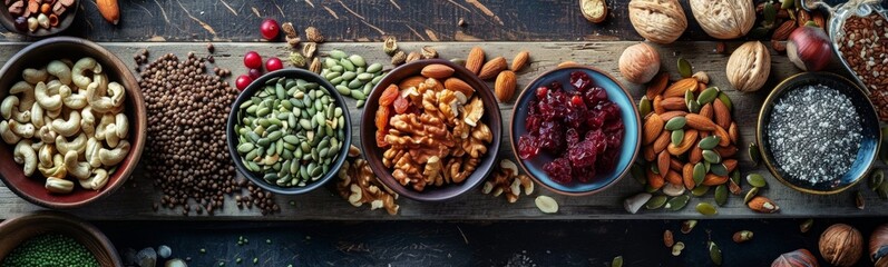Many different kinds of nuts and seeds on a table, food background