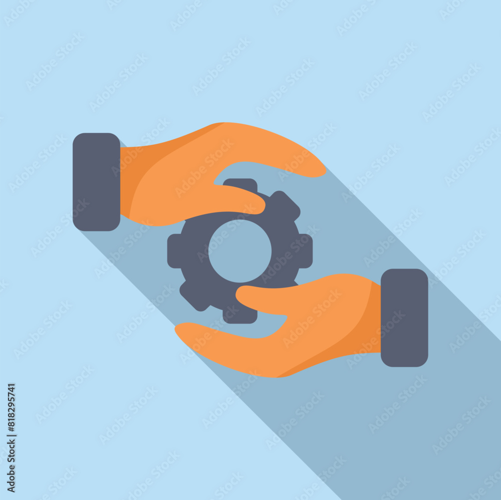 Sticker Handheld gear icon illustration in flat design vector with hands holding mechanical cogwheel. The editable element also represents organization and control in the technical field