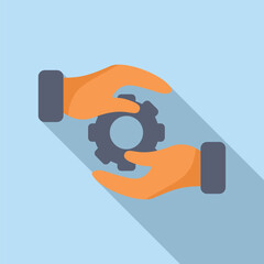 Handheld gear icon illustration in flat design vector with hands holding mechanical cogwheel. The editable element also represents organization and control in the technical field