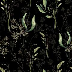 Pattern with watercolor flowers. Wildflowers watercolor flowers. Watercolor herbs, branch with leaves.