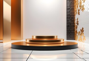 ackground podium 3D display. 3D luxurious podium stand background scene few floral mockup  amd golden touch blossom summer abstract shadow platform