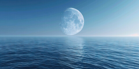 The Earth's crescent moon hangs in the sky, reflecting soft blue light upon an endless ocean.