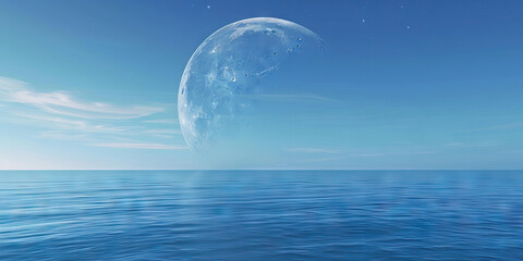 The Earth's crescent moon hangs in the sky, reflecting soft blue light upon an endless ocean.
