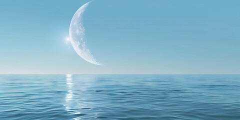 Gentle blue reflections cast upon an infinite sea, as Earth's crescent moon delicately hangs overhead.