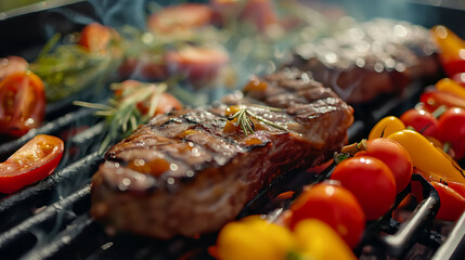 A modern grill sizzles with succulent meat and vibrant vegetables outdoors, captured in a mouthwatering closeup that highlights the delicious flavors of outdoor cooking. 