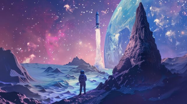 astronauts cosmic voyage fearless explorer riding rocket lunar landscape starry expanse pioneering spirit digital painting